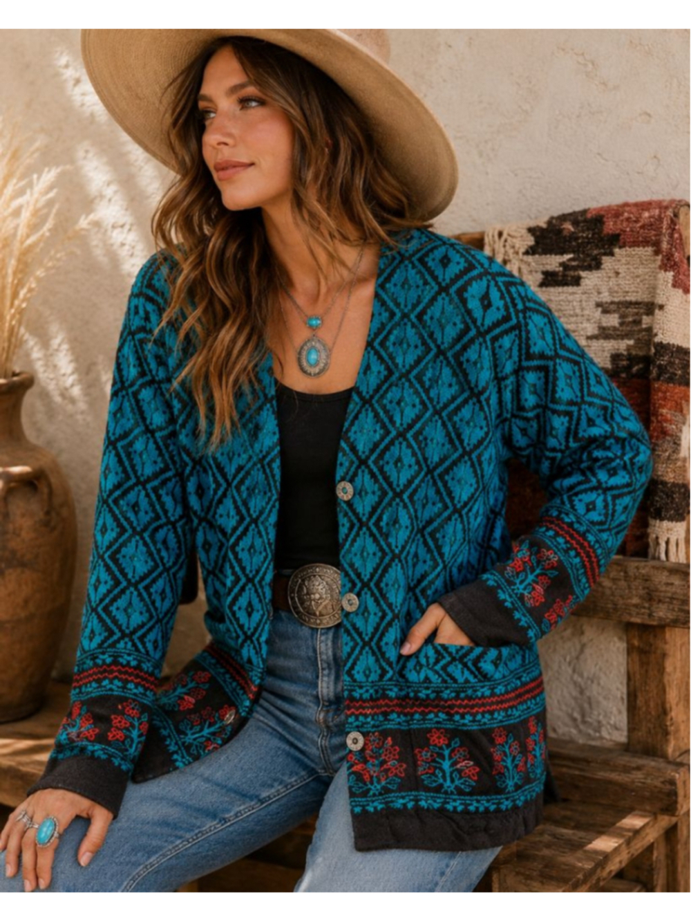 Vintage Carole Little Southwestern Cardigan Boho Folk Knit Sweater Floral Sz 10